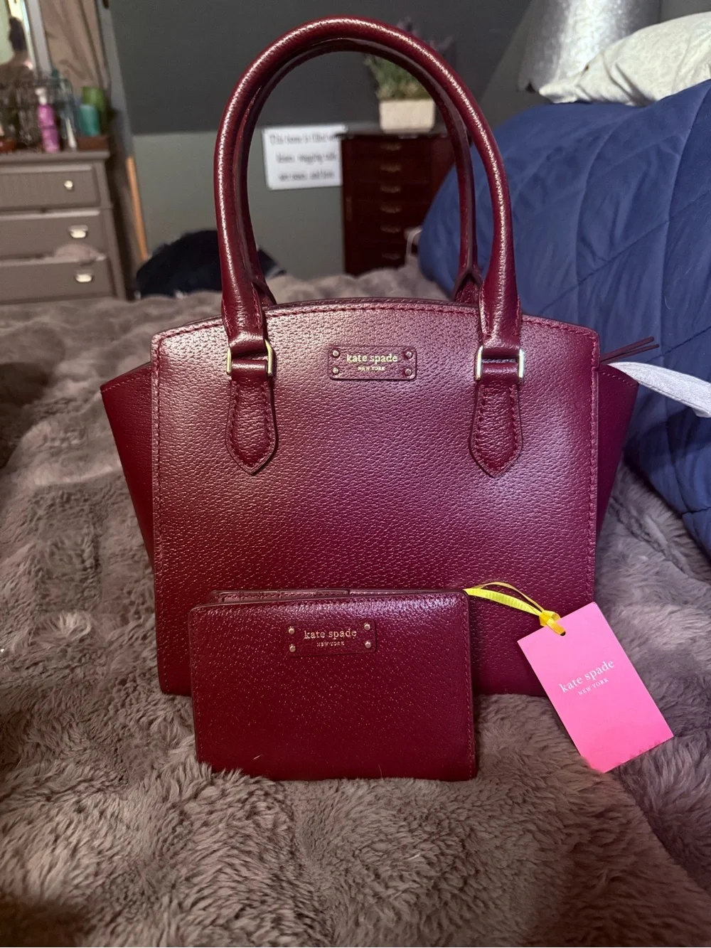 kate spade Burgundy Leather Tote with Matching Wallet Set